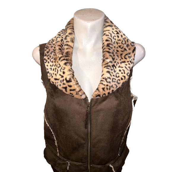CHICO'S Jacket Size L (2) Brown Zip w/Leopard Print Faux Fur Gilet Vest Mob Wife - Picture 2 of 6
